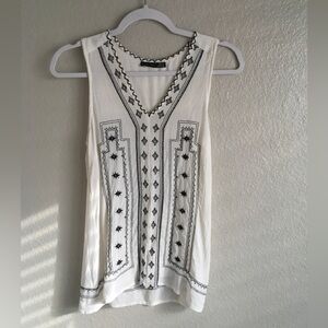 Black Tape_ White Sleeveless V-Neck Tank with Black Embroidery